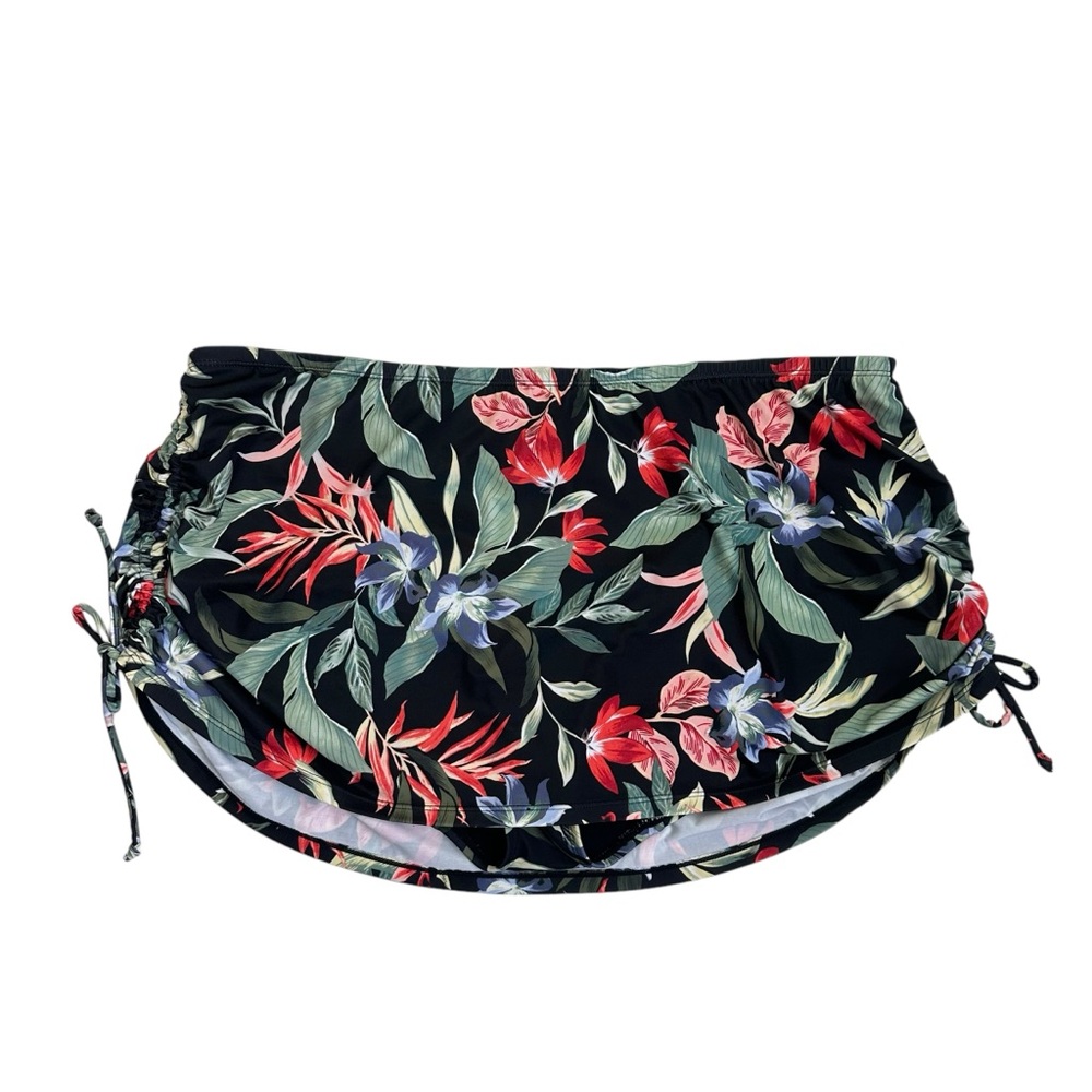 Cacique Swim Black Tropical Print Skirted Bikini Bottom Size 22 Drawstring Beach